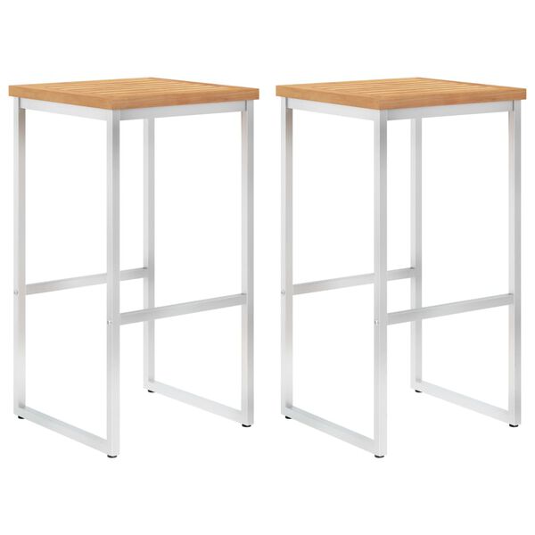 vidaXL Scaune de bar, 2 buc., lemn masiv de tec și oțel inoxidabil
