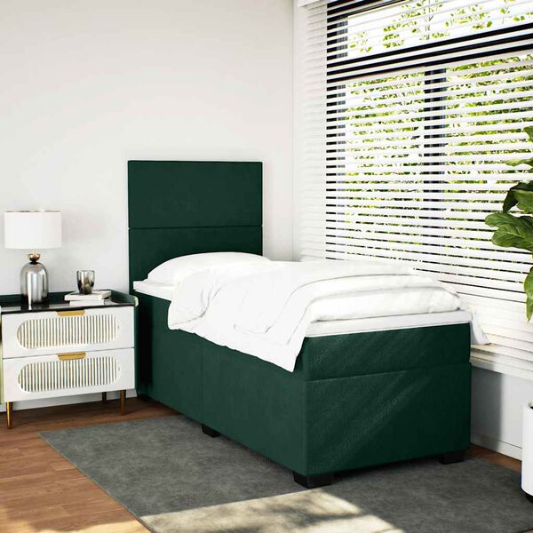 vidaXL Pat box spring cu saltea, verde &icirc;nchis, 100x200 cm, catifea