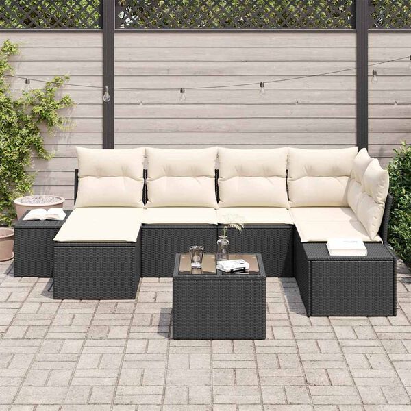 vidaXL Set de canapele pentru grădină 7 pcs negru și crem Rattan poli