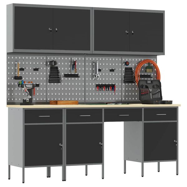 vidaXL Dulap de lucru cu sertar 10 pcs Negru Lemn ingineresc și oțel