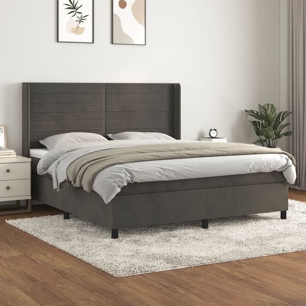 vidaXL Pat box spring cu saltea, gri &icirc;nchis, 160x200 cm, catifea