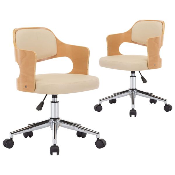 vidaXL Scaune pivotante de masă, 2 buc., crem, lemn curbat & piele eco