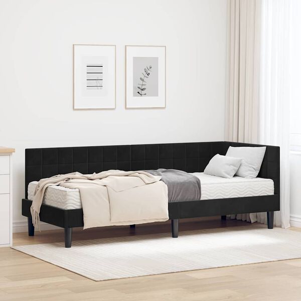 vidaXL Cadru de pat colțar cu saltea cu headboard 2 pcs Negru Catifea