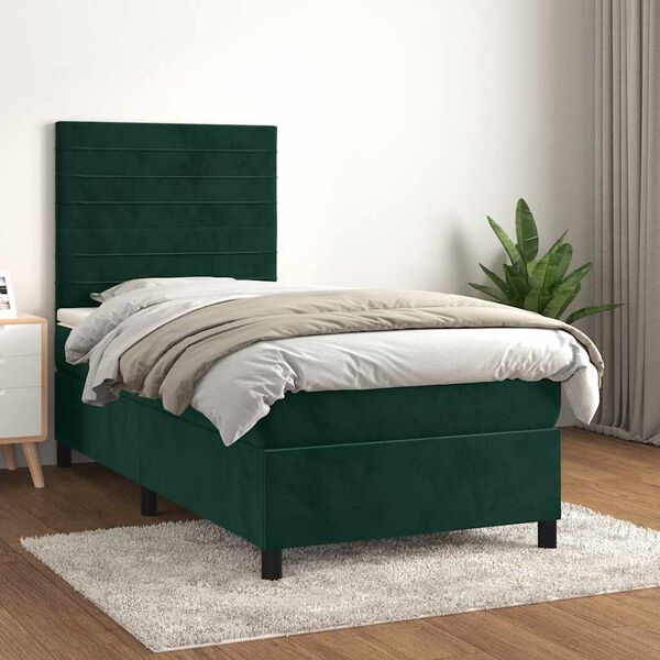 vidaXL Pat box spring cu saltea, verde &icirc;nchis, 90x190 cm, catifea