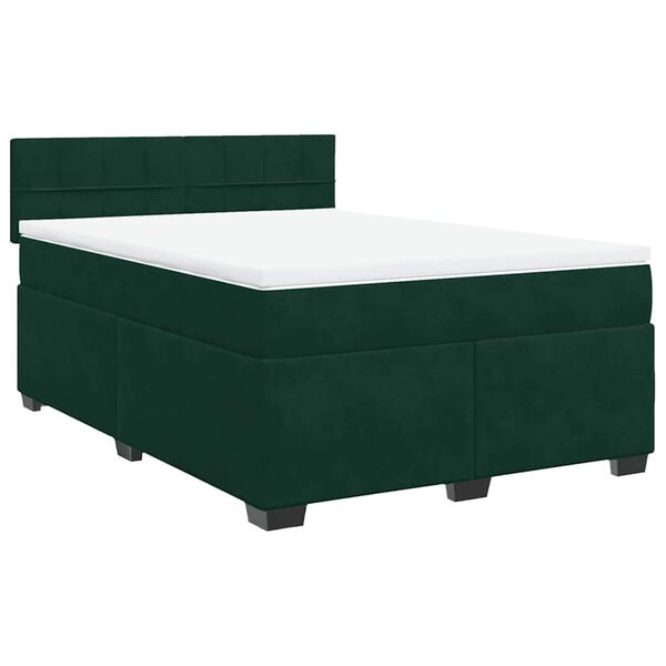 vidaXL Pat box spring cu saltea, verde &icirc;nchis, 140x200 cm, catifea