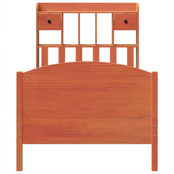 vidaXL Pat cu bibliotecă fără saltea, maro, 100x200 cm, lemn masiv pin