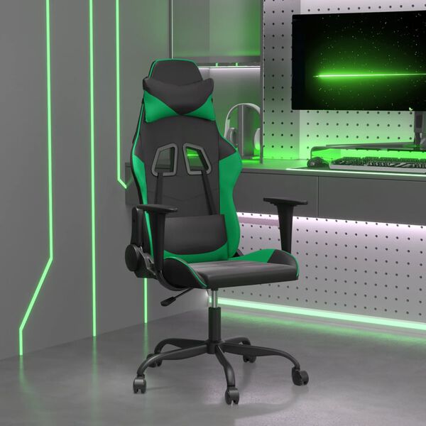 vidaXL Scaun de gaming de masaj, negru și verde, piele ecologică