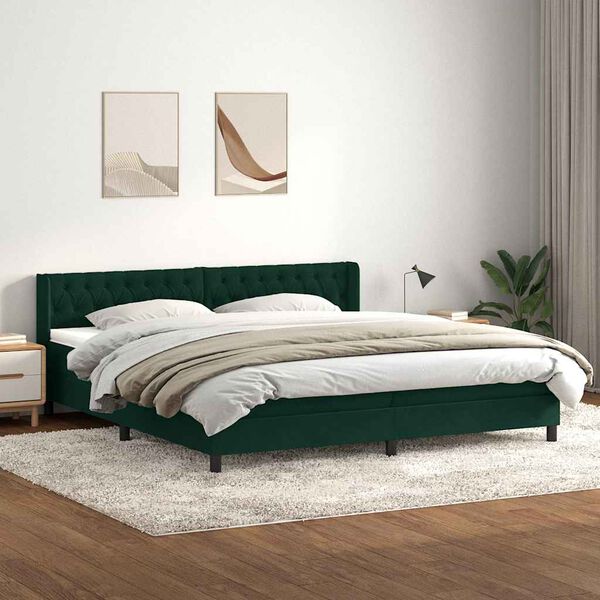 vidaXL Pat box spring cu saltea, verde &icirc;nchis, 180x210 cm, catifea