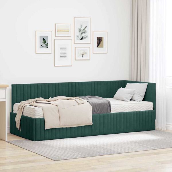 vidaXL Cadru de pat colțar cu saltea cu headboard 2 pcs Verde Catifea