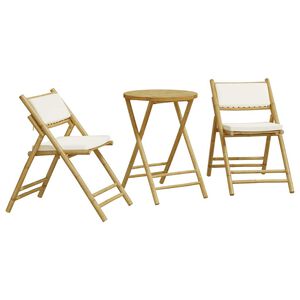 vidaXL Set de bistro pliabil, 3 piese, cu perne alb crem, bambus