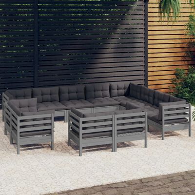 vidaXL Set mobilier relaxare de grădină & perne 12 piese gri lemn pin