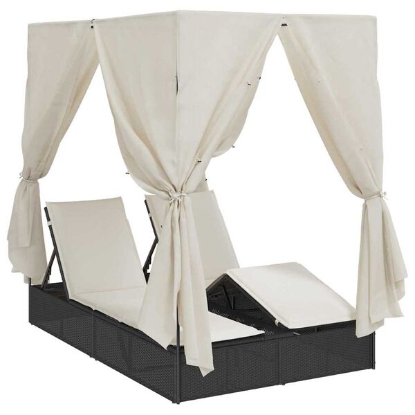 vidaXL Șezlong dublu cu acoperiș Negru 205 x 129 x 200 cm rattan PE