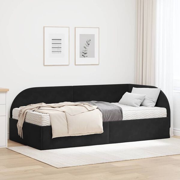 vidaXL Cadru de pat colțar cu saltea cu headboard 2 pcs Negru Catifea