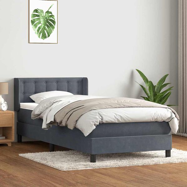 vidaXL Pat box spring cu saltea, gri &icirc;nchis, 90x210 cm, catifea