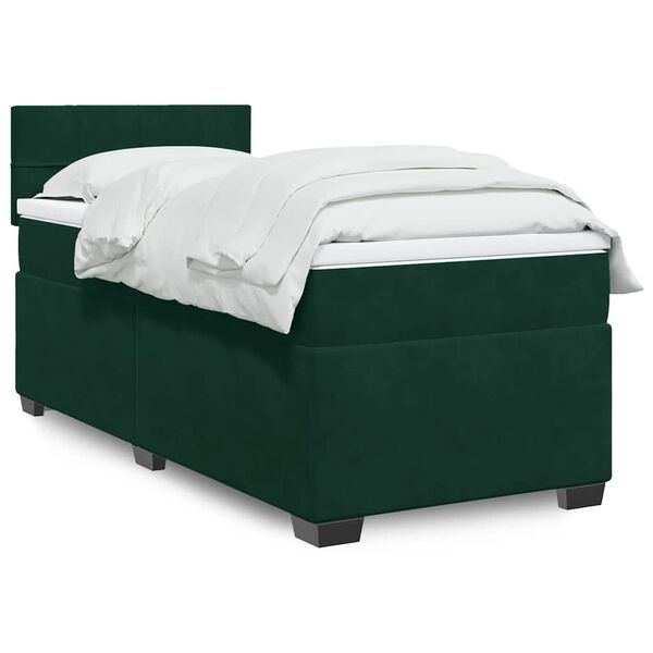 vidaXL Pat box spring cu saltea, verde &icirc;nchis, 90x190 cm, catifea
