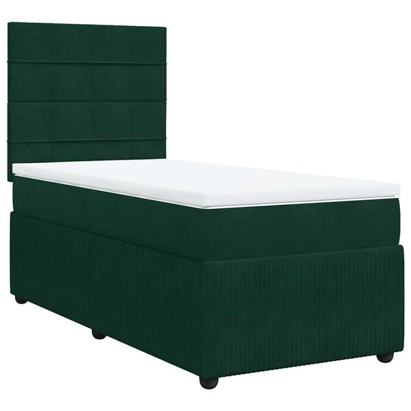 vidaXL Pat box spring cu saltea, verde &icirc;nchis, 90x190 cm, catifea