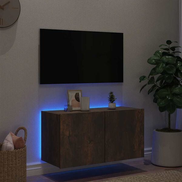 vidaXL Comodă TV de perete cu lumini LED, stejar fumuriu, 80x35x41 cm