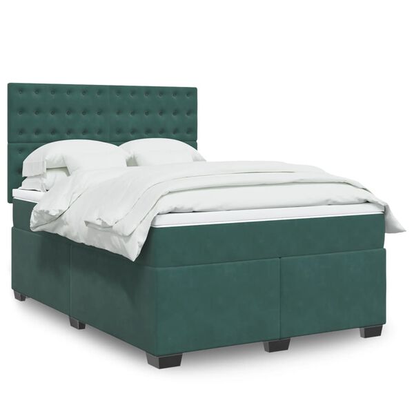 vidaXL Pat box spring cu saltea, verde închis, 140x190 cm, catifea