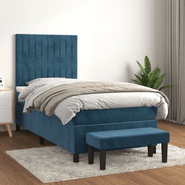 vidaXL Pat box spring cu saltea, albastru &icirc;nchis, 90x190 cm, catifea