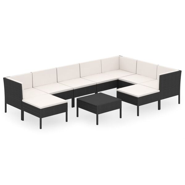 vidaXL Set mobilier de grădină cu perne, 10 piese, negru, poliratan
