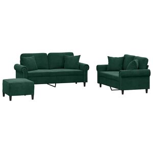 vidaXL Set canapea cu perne, 3 piese, verde &icirc;nchis, catifea