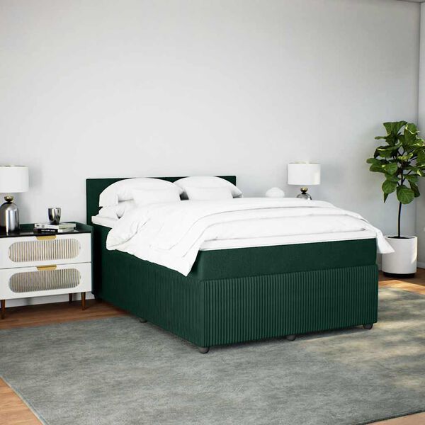 vidaXL Pat box spring cu saltea, verde &icirc;nchis, 140x190 cm, catifea