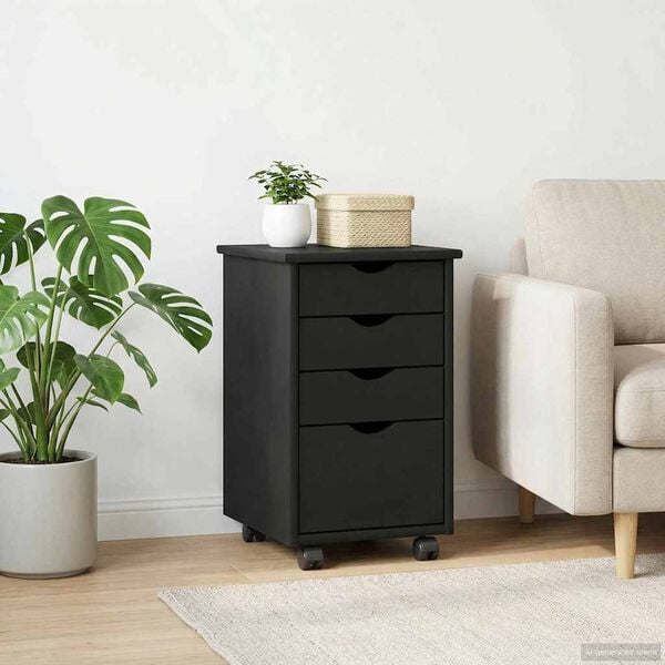 vidaXL Cabinet mobil cu roata Negru 34 x 39 x 56 cm Lemn de pin masiv