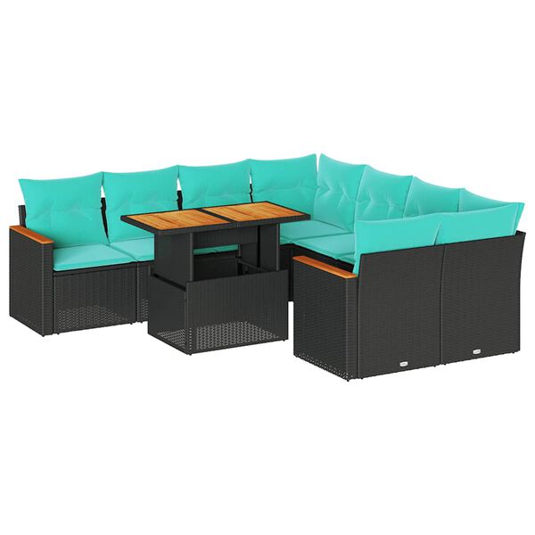 vidaXL Set mobilier de grădină cu perne, 9 piese, negru, poliratan