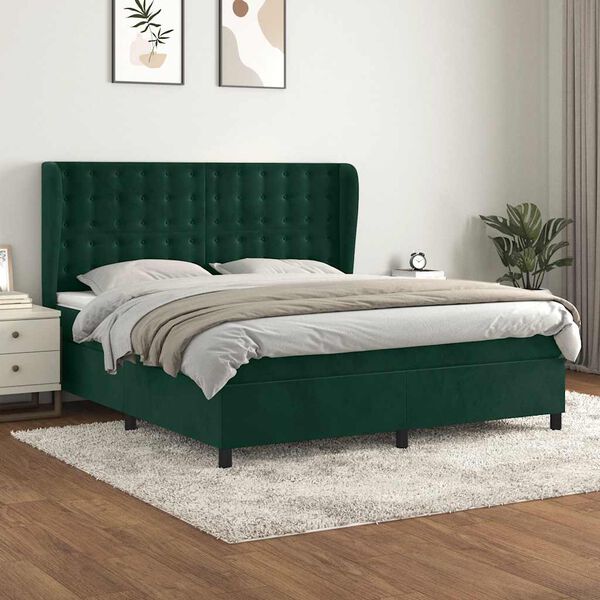 vidaXL Pat box spring cu saltea, verde &icirc;nchis, 160x200 cm, catifea