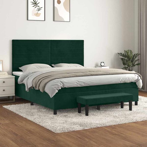 vidaXL Pat box spring cu saltea, verde &icirc;nchis, 180x200 cm, catifea