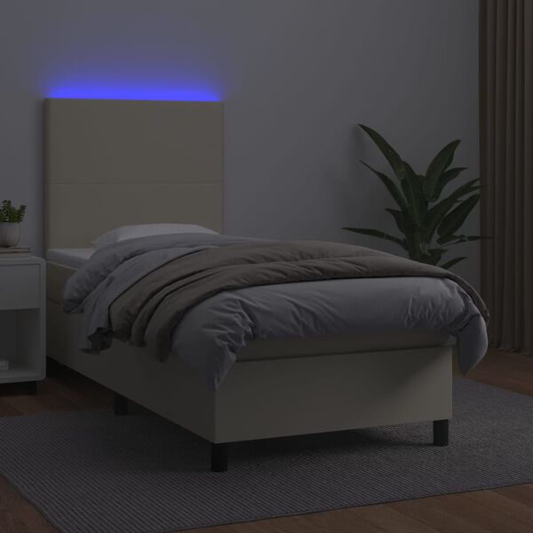 vidaXL Pat cu arcuri, saltea și LED, crem, 90x200 cm, piele ecologică
