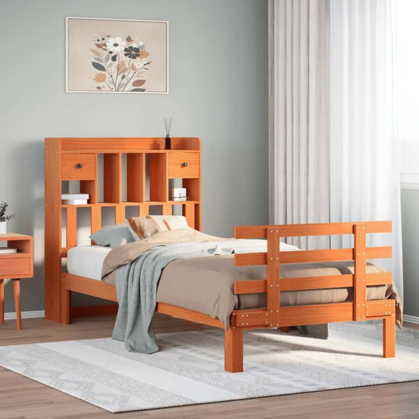 vidaXL Pat bibliotecă fără saltea maro ceruit 75x190 cm lemn masiv pin