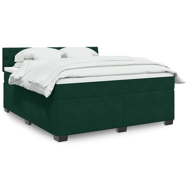 vidaXL Pat box spring cu saltea, verde &icirc;nchis, 180x200 cm, catifea