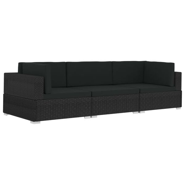 vidaXL Set mobilier de grădină cu perne, 3 piese, negru, poliratan