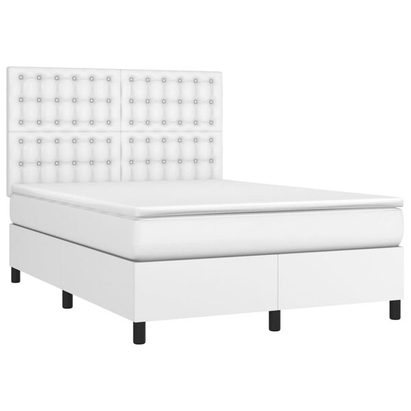 vidaXL Pat box spring cu saltea, alb, 140x190 cm, piele ecologică