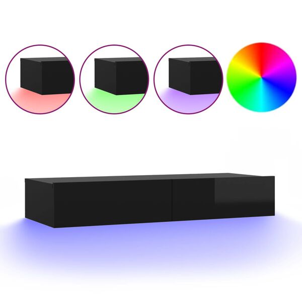 vidaXL Comodă TV cu lumini LED, negru extralucios, 90x35x15,5 cm