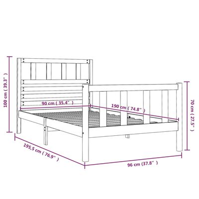 vidaXL Cadru pat, gri, 90x190 cm, lemn masiv simplu