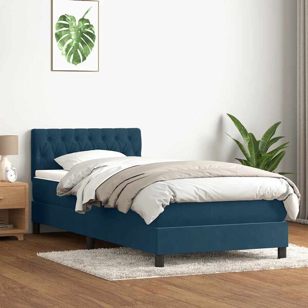 vidaXL Pat box spring cu saltea, albastru &icirc;nchis, 80x220 cm, catifea