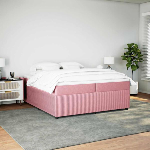 vidaXL Pat box spring cu saltea, roz, 200x200 cm, catifea