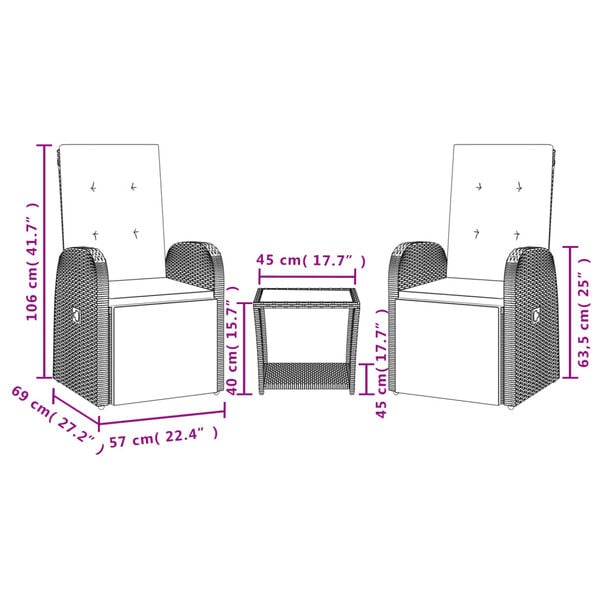 vidaXL Set mobilier de grădină cu perne, 3 piese, gri, poliratan