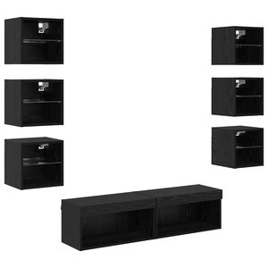 vidaXL Cabinet TV cu lumini cu bandă LED 8 pcs Stejar Negru Sticlă