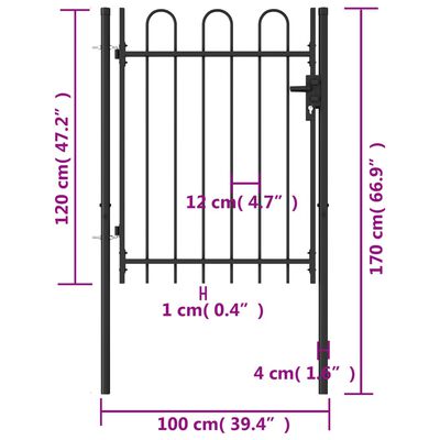vidaXL Poartă de gard cu o ușă, vârf arcuit, negru, 1 x 1,2 m, oțel