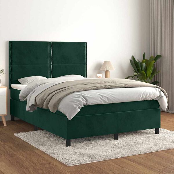 vidaXL Pat box spring cu saltea, verde &icirc;nchis, 140x200 cm, catifea