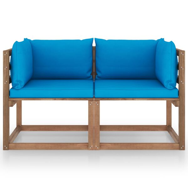 vidaXL Canapea din paleți de grădină, 2 locuri, perne bleu, lemn pin