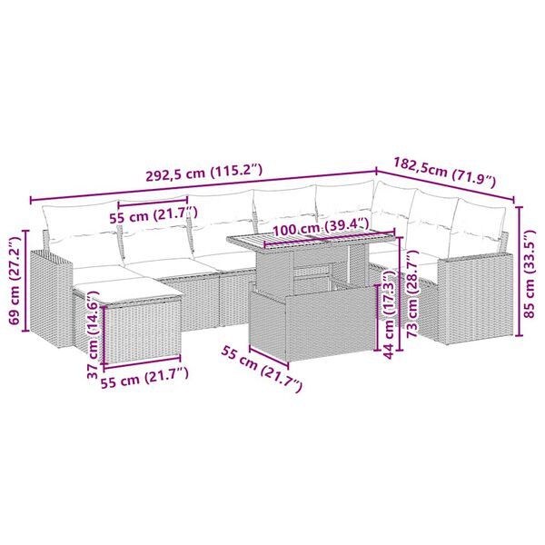 vidaXL Set canapele de grădină, 9 piese, cu perne, bej, poliratan