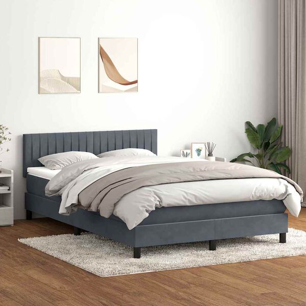 vidaXL Pat box spring cu saltea, gri &icirc;nchis, 140x220 cm, catifea