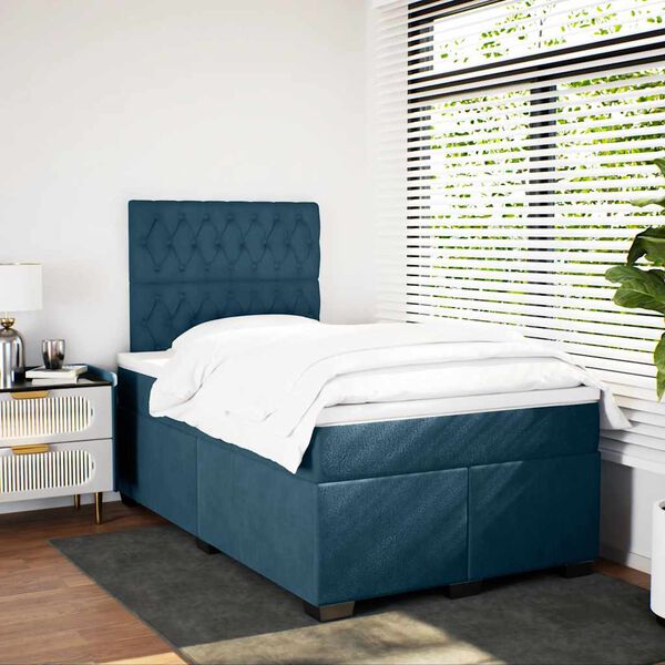 vidaXL Pat box spring cu saltea, albastru, 120x200 cm, catifea