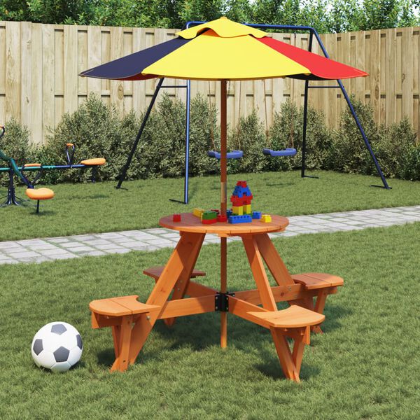 vidaXL Masă picnic pentru 4 copii cu umbrelă, rotundă, lemn masiv brad