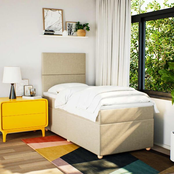 vidaXL Pat box spring cu saltea, crem, 90x190 cm, textil