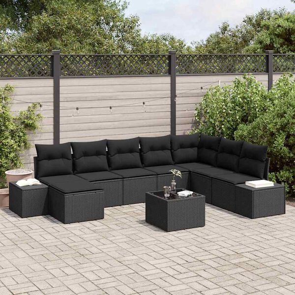 vidaXL Set de canapele pentru grădină cu pernă 8 pcs Negru poliratan